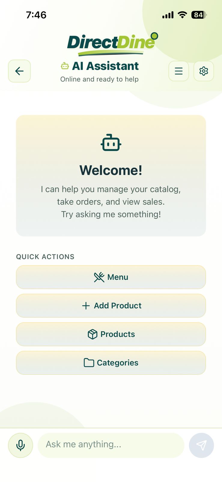 Direct Dine AI Assistant suggesting menu pairings