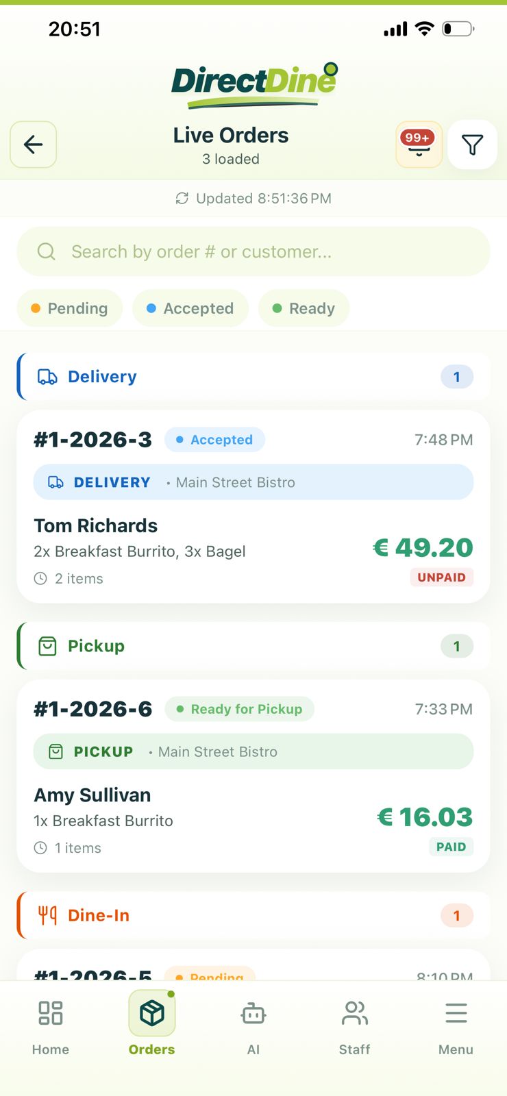 Live orders list with delivery, pickup and dine-in orders and their status